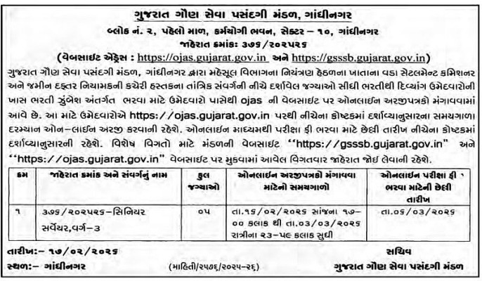 GSSSB સિનિયર સર્વેયર ભરતી 2026 દિવ્યાંગો માટે 05 જગ્યાઓ પર ભરતી, જાણો સંપૂર્ણ સિલેબસ