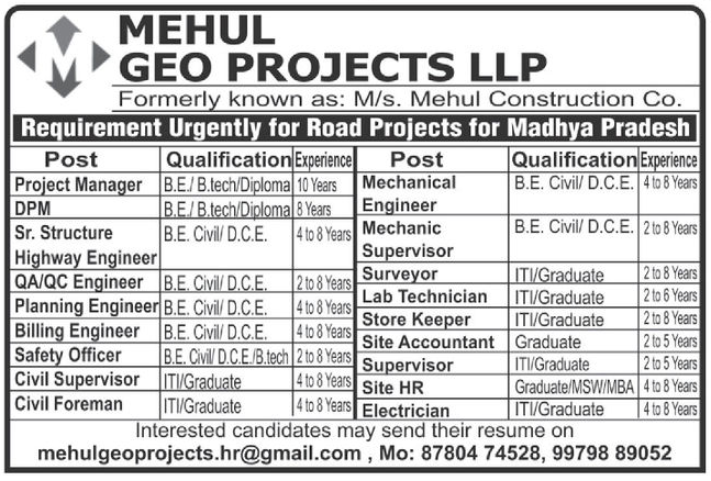 Mehul Geo Projects LLP મધ્યપ્રદેશ રોડ પ્રોજેક્ટ માટે 18+ વિવિધ પદો પર ભરતી, પગાર અને અનુભવ મુજબ લાયકાત
