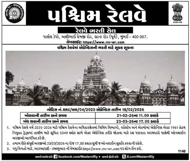 પશ્ચિમ રેલવે (Western Railway) એપ્રેન્ટિસ ભરતી 2026 – 5,349 જગ્યાઓ