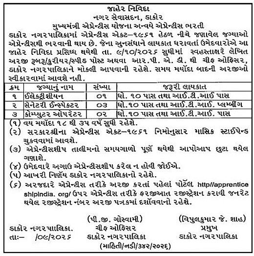 Dakor Nagarpalika Recruitment 2026: ડાકોર નગર સેવા સદનમાં વિવિધ એપ્રેન્ટિસ જગ્યાઓ પર ભરતી જાહેર, 10 પાસ + ITI માટે ઉત્તમ તક
