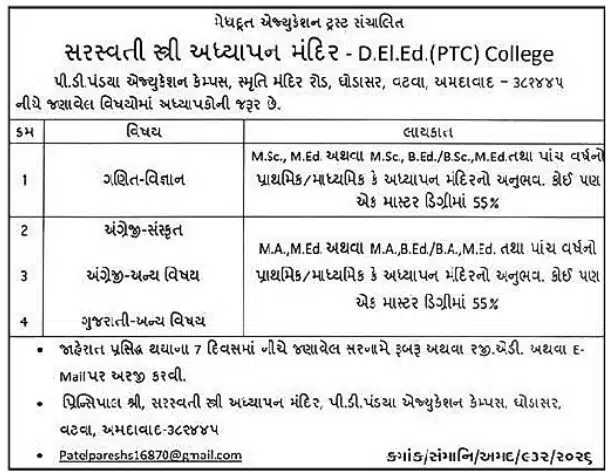Saraswati Stree Adhyapan Mandir Recruitment 2026 અમદાવાદમાં અધ્યાપકોની નવી ભરતી જાહેર, જાણો લાયકાત અને અરજી પ્રક્રિયા